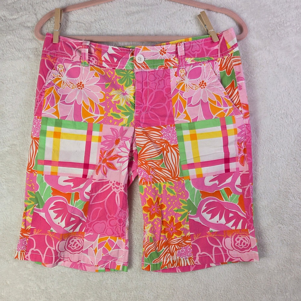 Lilly Pulitzer Patchwork Floral Plaid Shorts Pink Orange Green Size 4
